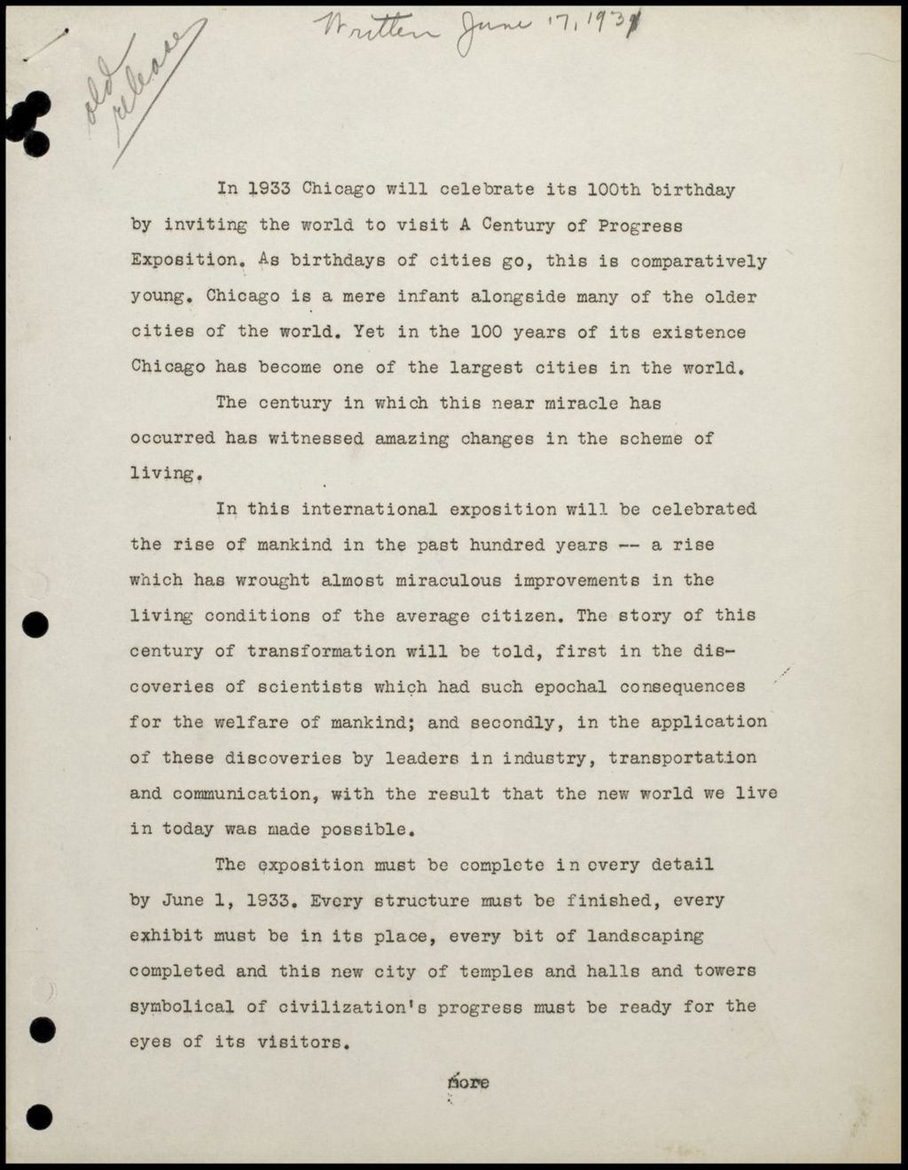 Reports on the World's Fair, March 1934 (Folder 14-240)