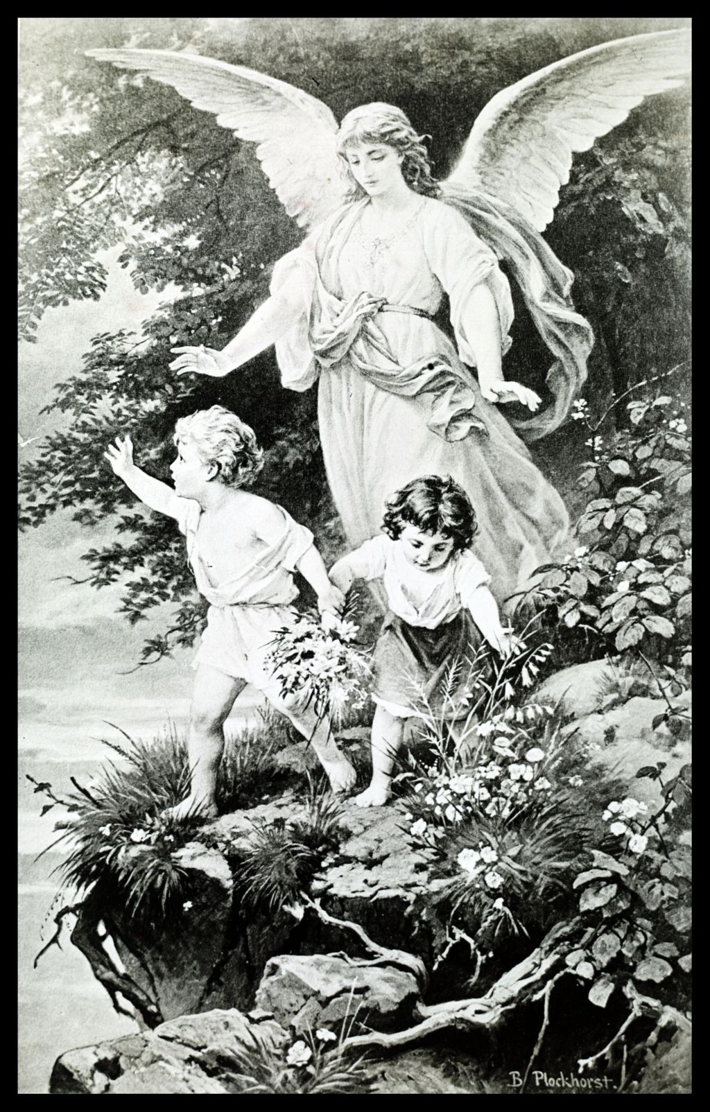 An angel looking over two small children playing near the edge of a cliff