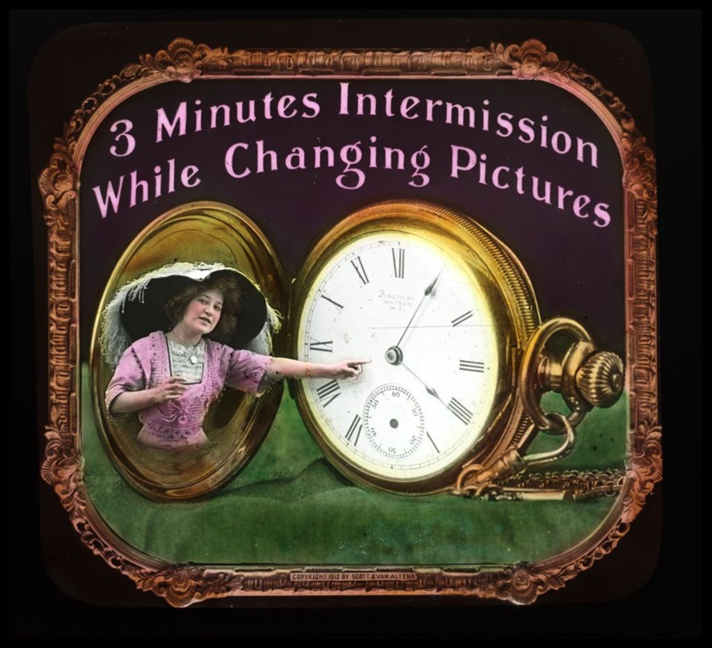 Miniature of Sign announcing a three-minute intermission between movies.
