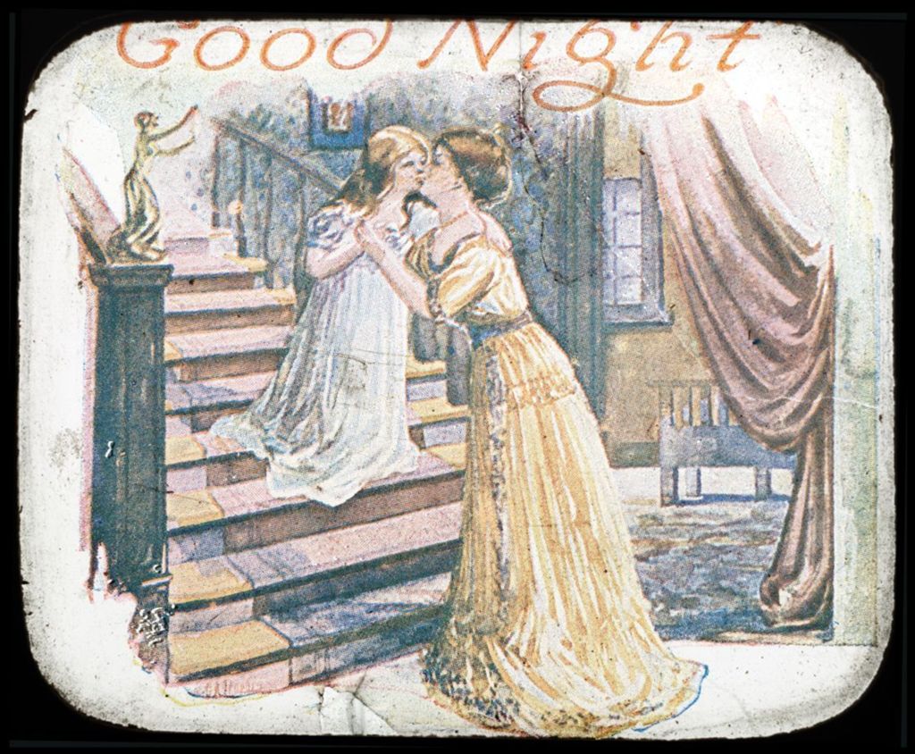 Miniature of Painting of a woman kissing a little girl goodnight.