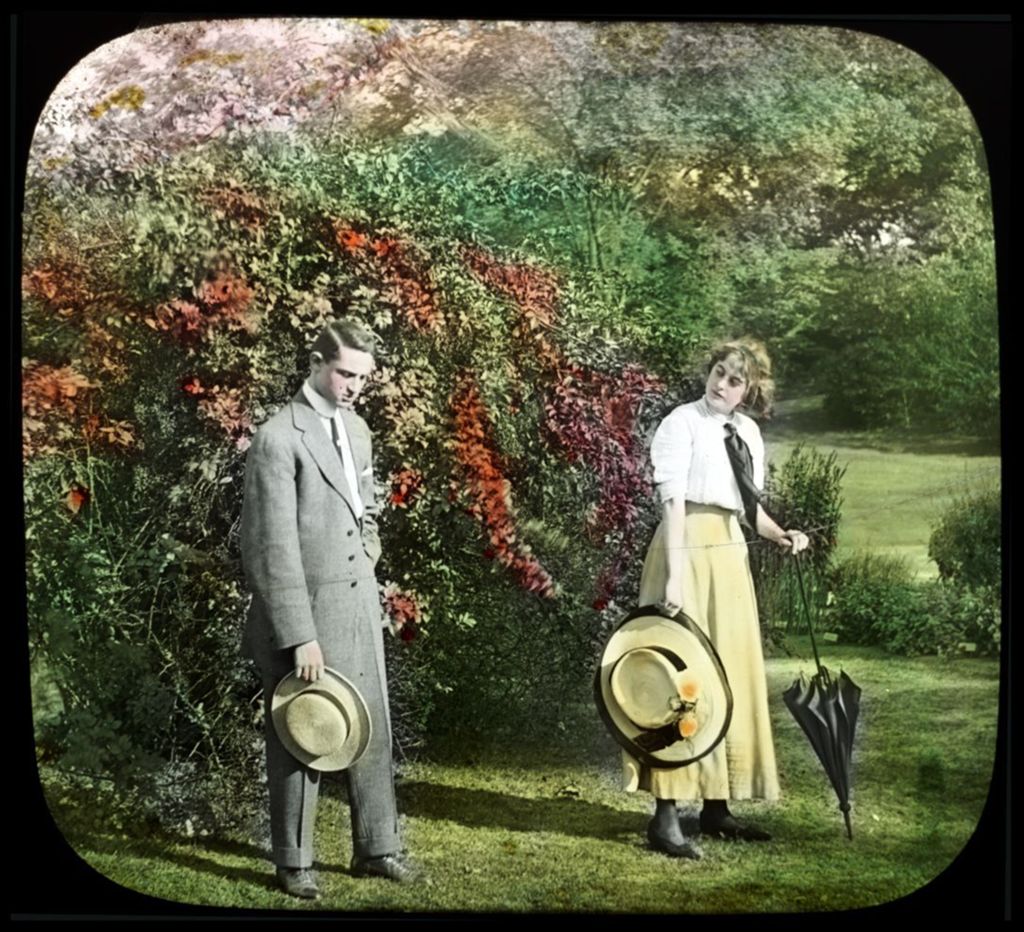Unidentified painting of a couple standing in a park.