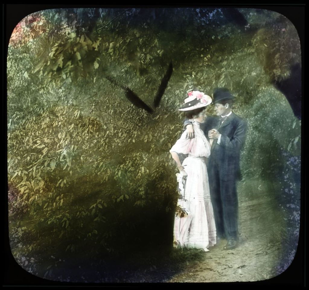 Unidentified painting of a man and a woman standing in a park.
