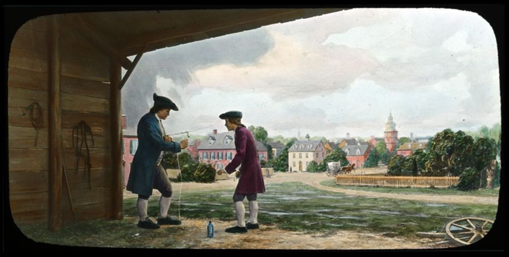 Miniature of Possible portrait of early American statesmen and inventor Ben Franklin conducting his famous lightning experiment with his son.