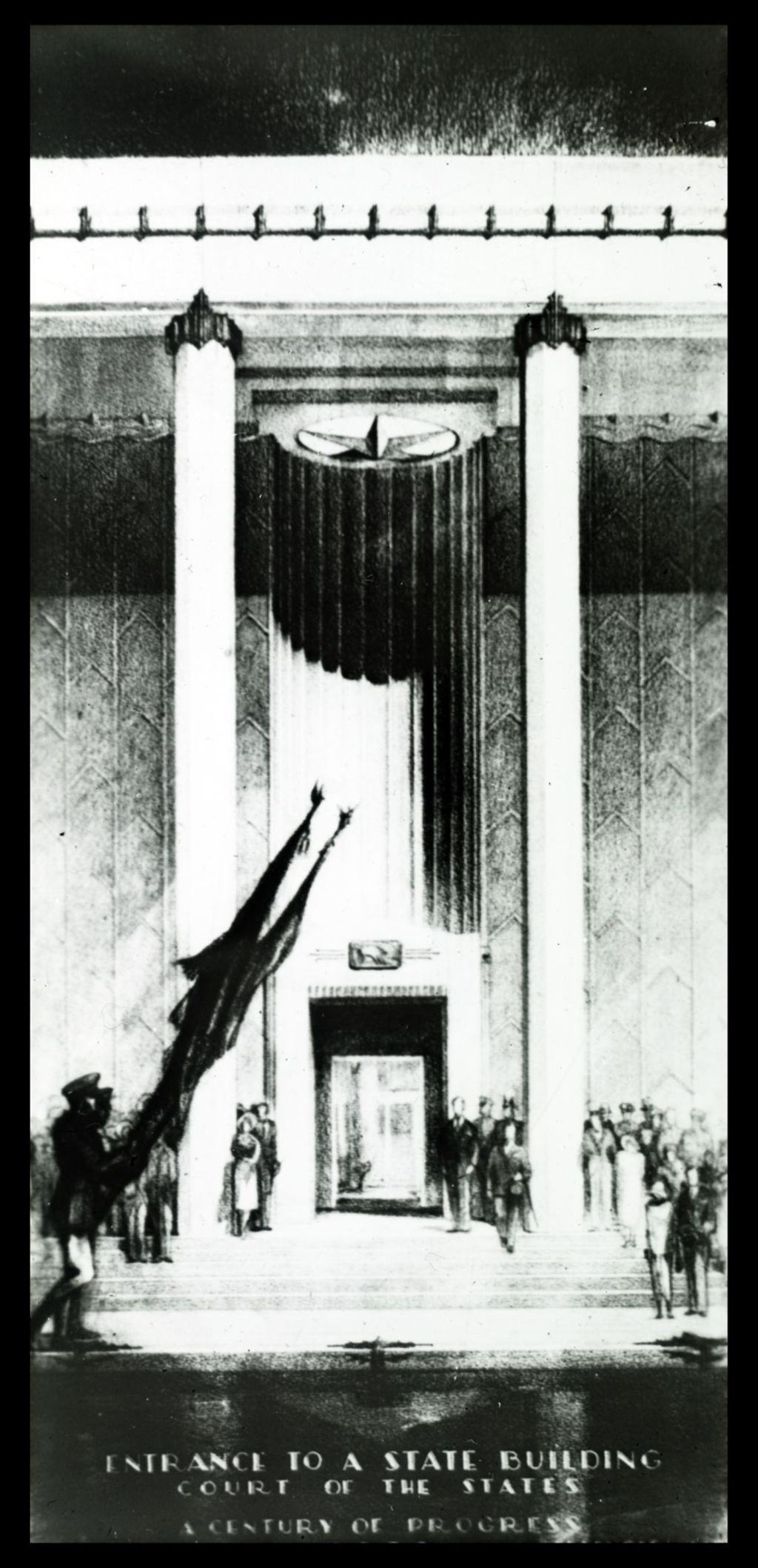 Miniature of Drawing of the entrance to the Century of Progress Court of States exhibit.