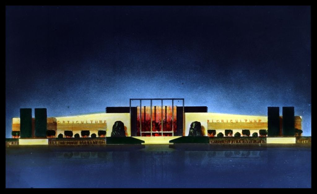 Color drawing of the Century of Progress Horticultural Building from across the south lagoon