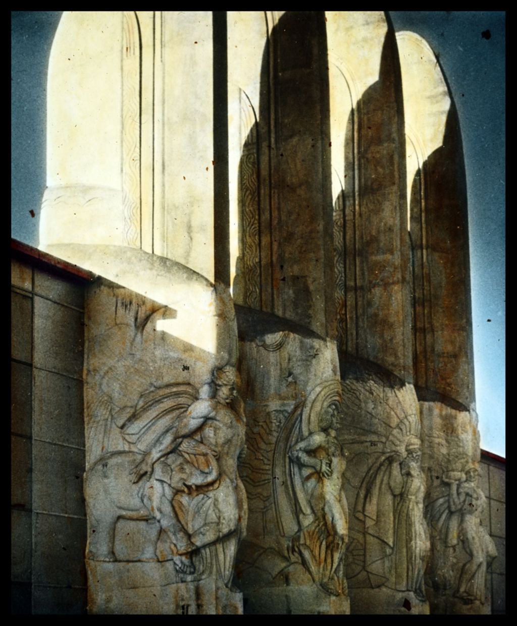 Miniature of Oblique view of the sculptured pylons at the entrance to the Hall of Social Science.