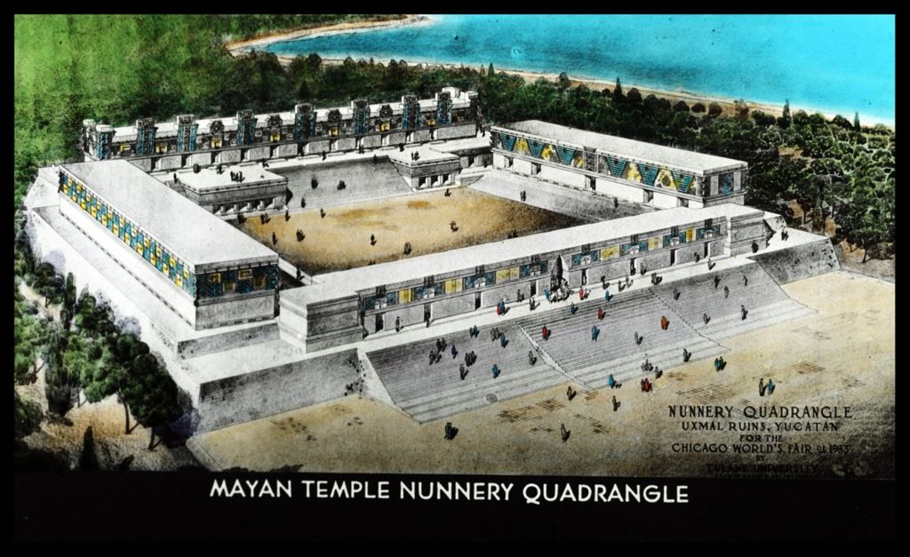 Artist's depiction of the Mayan temple ruins at Uxmal in Yucatan, Mexico.