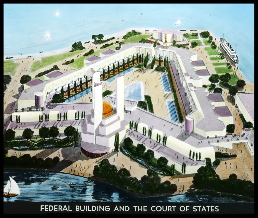 Color illustrated view of the Federal Building and the Court of States