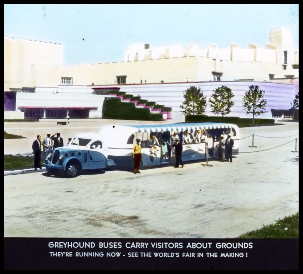 Century of Progress Greyhound tour buses transporting visitors around the fairgrounds