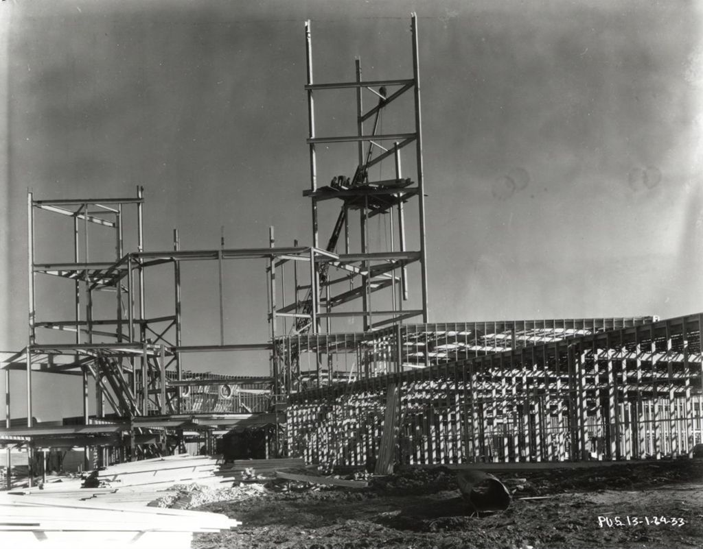 Construction of the Federal Building on Northerly Island adjacent to the Court of States exhibit.