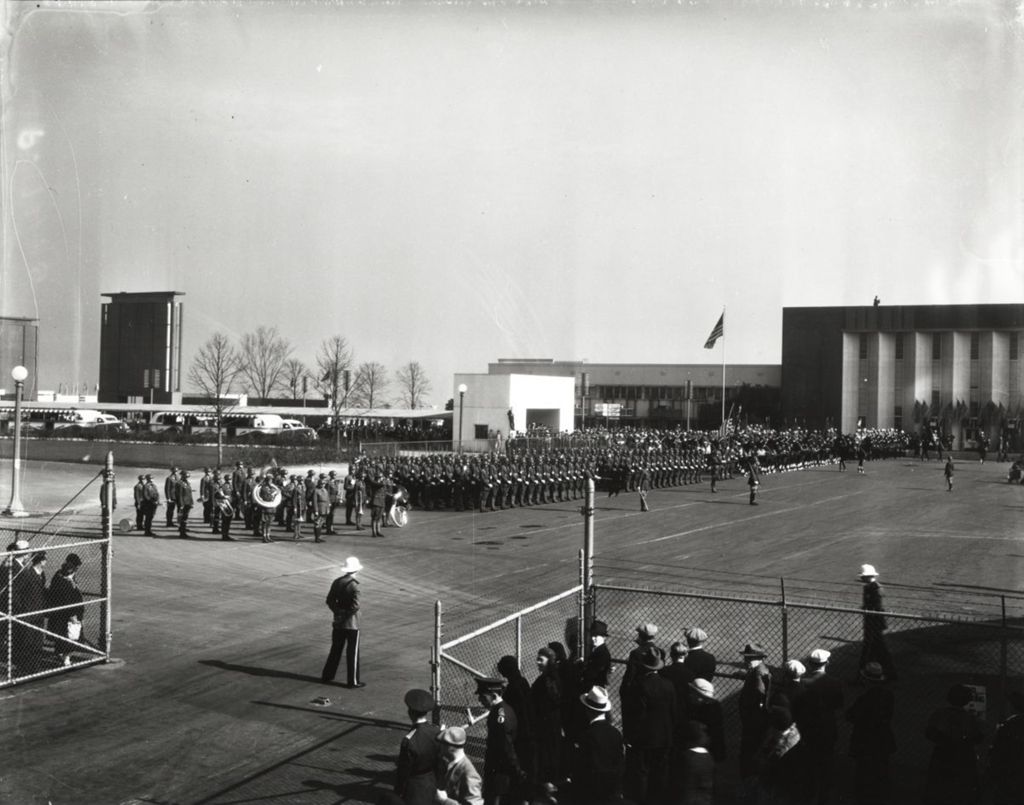 Miniature of U.S. Army marching band assembles for a parade at the Hall of Science Court of Honor.