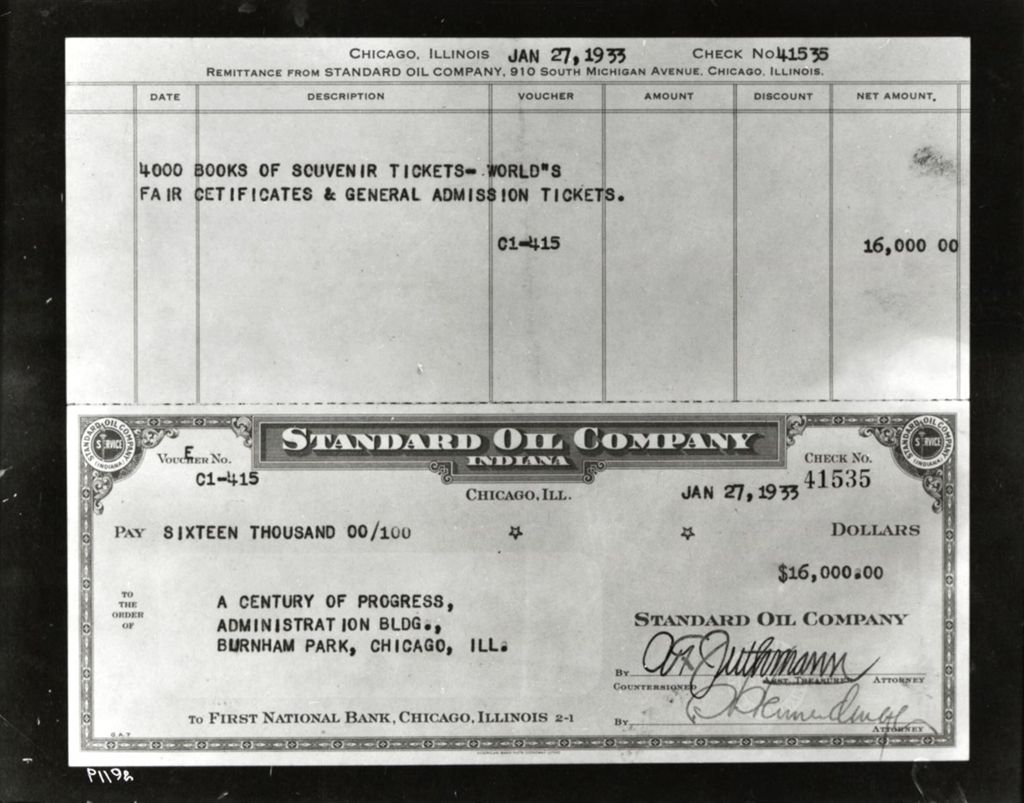 Miniature of The Standard Oil check written to A Century of Progress to purchase $16,000 worth of souvenir and general admission tickets.