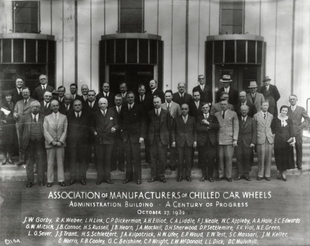 Miniature of The Association of Manufacturers of Chilled Car Wheels assemble in front of the Century of Progress Administration Building.