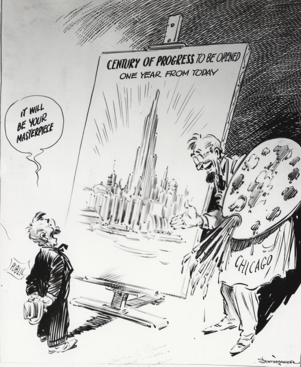 Miniature of Vaughn Shoemaker's 1932 Chicago Daily News cartoon depicting his iconic character John Q. Public, telling the artist "Chicago" that his painting announcing the grand opening of A Century of Progress will be a masterpiece.