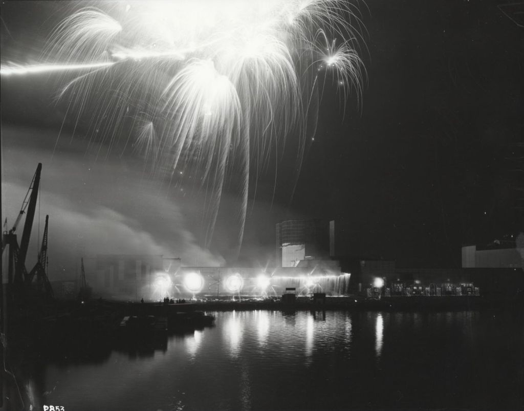 Miniature of Night time view of a fireworks display from across the lagoon at A Century of Progress.