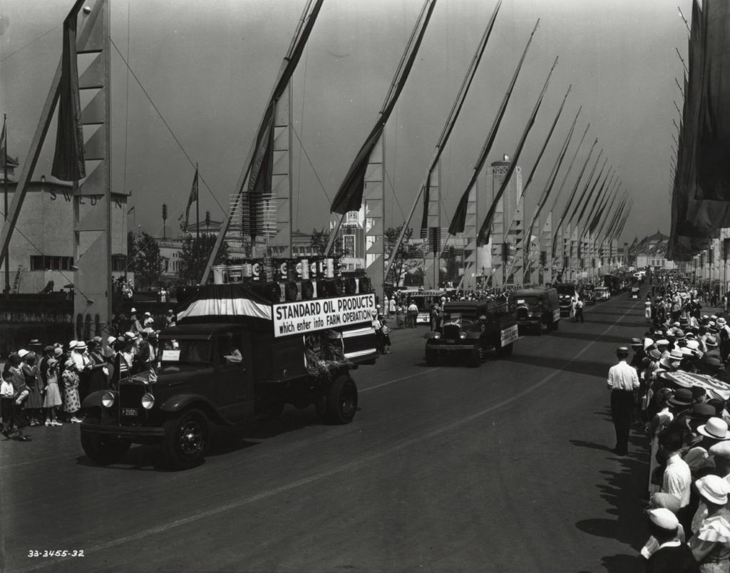 Miniature of Standard Oil trucks parading down the Avenue of Flags at A Century of Progress International Exhibition.