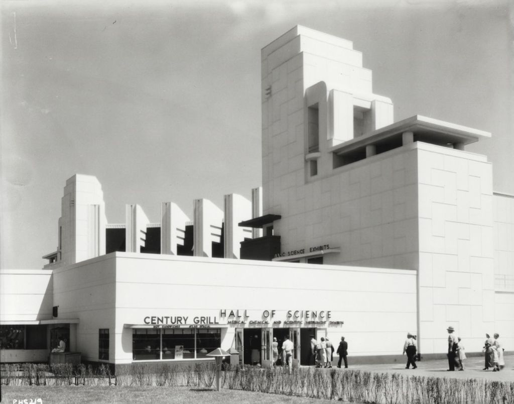 Exterior view of the Hall of Science building with the Century Grill diner