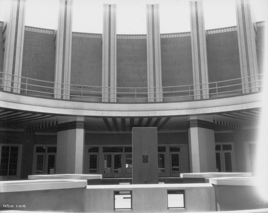 Lower level view of the front facade to the Hall of Science.