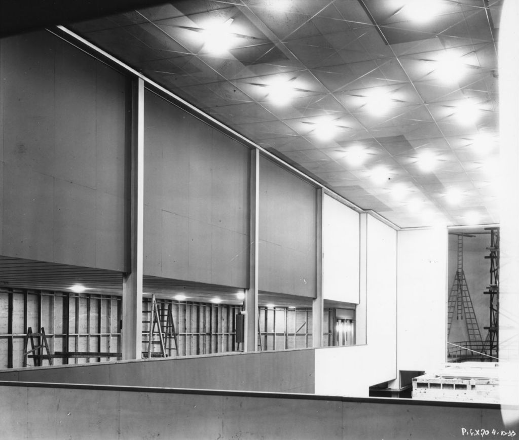 Interior view of one of the pavilions under construction at the General Exhibits building.