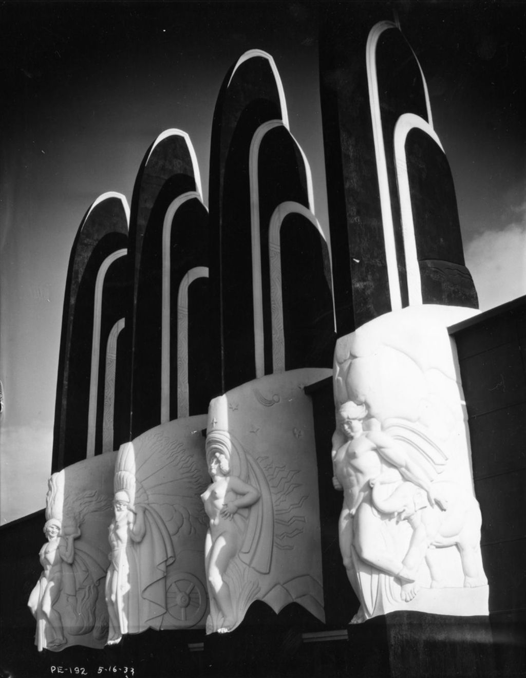 Miniature of View of the pylons which adorn the social science wing of the Electrical Group exhibition building at A Century of Progress