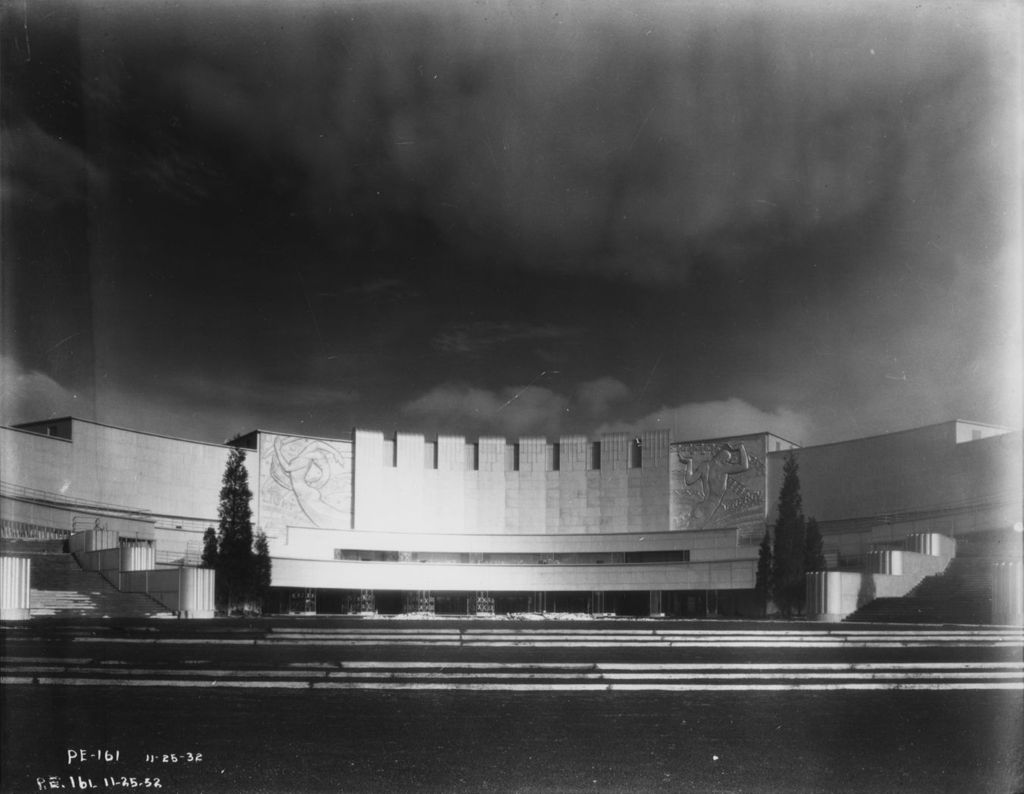 Miniature of Southeast view of the front courtyard of the Electrical Group building before the grand opening of the Chicago World's Fair.