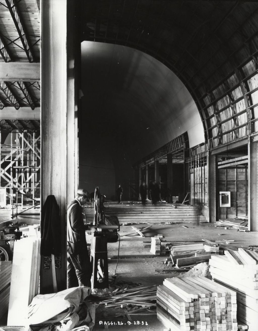 Interior view of the Agricultural Building under construction in preparation for A Century of Progress.