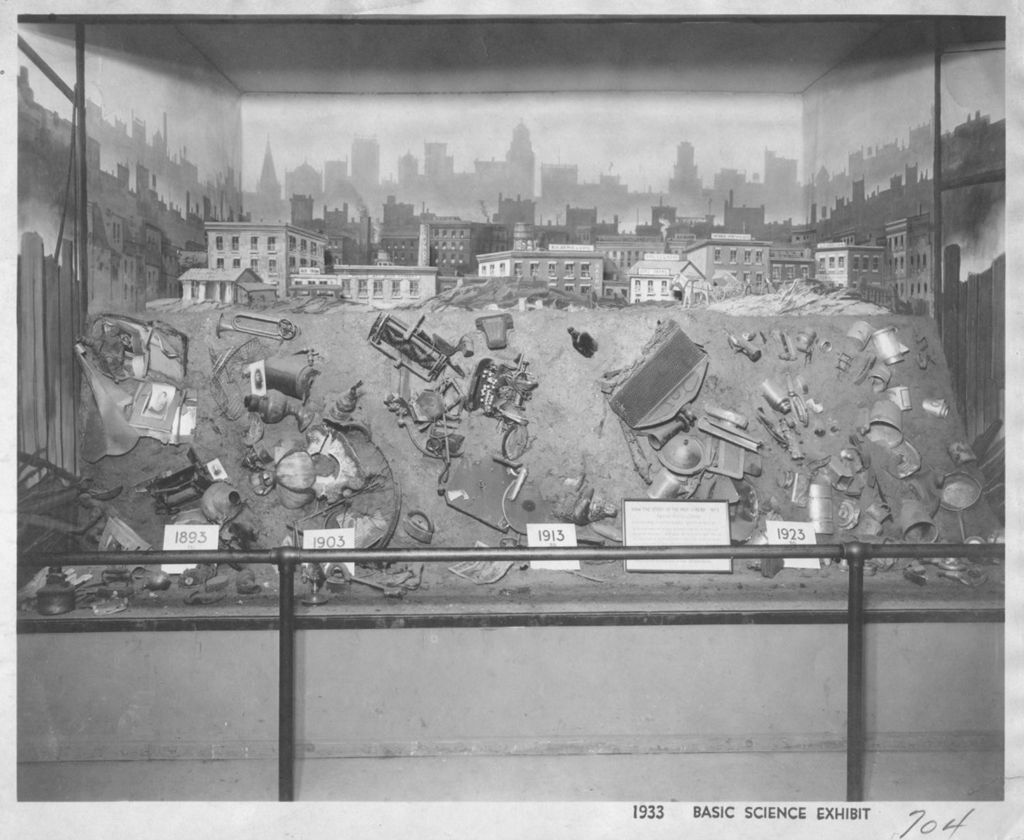 Archeological exhibit representing a cross-section of artifacts found in a typical city garbage dump