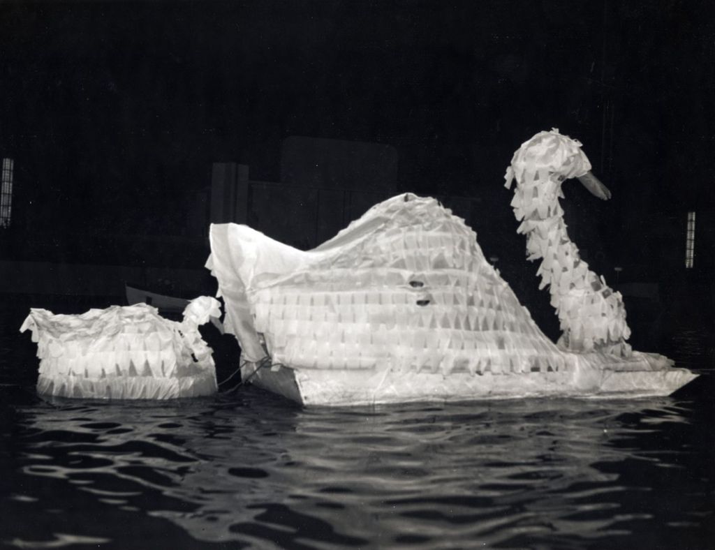 Miniature of The swan float at the Venetian Carnival, held in the World's Fair Lagoon.