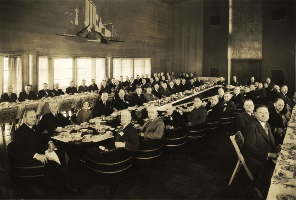 Group of more than 100 Texas publishers, businessmen, and legislators stopped to have lunch with Rufus C. Dawes, president of the World's Fair