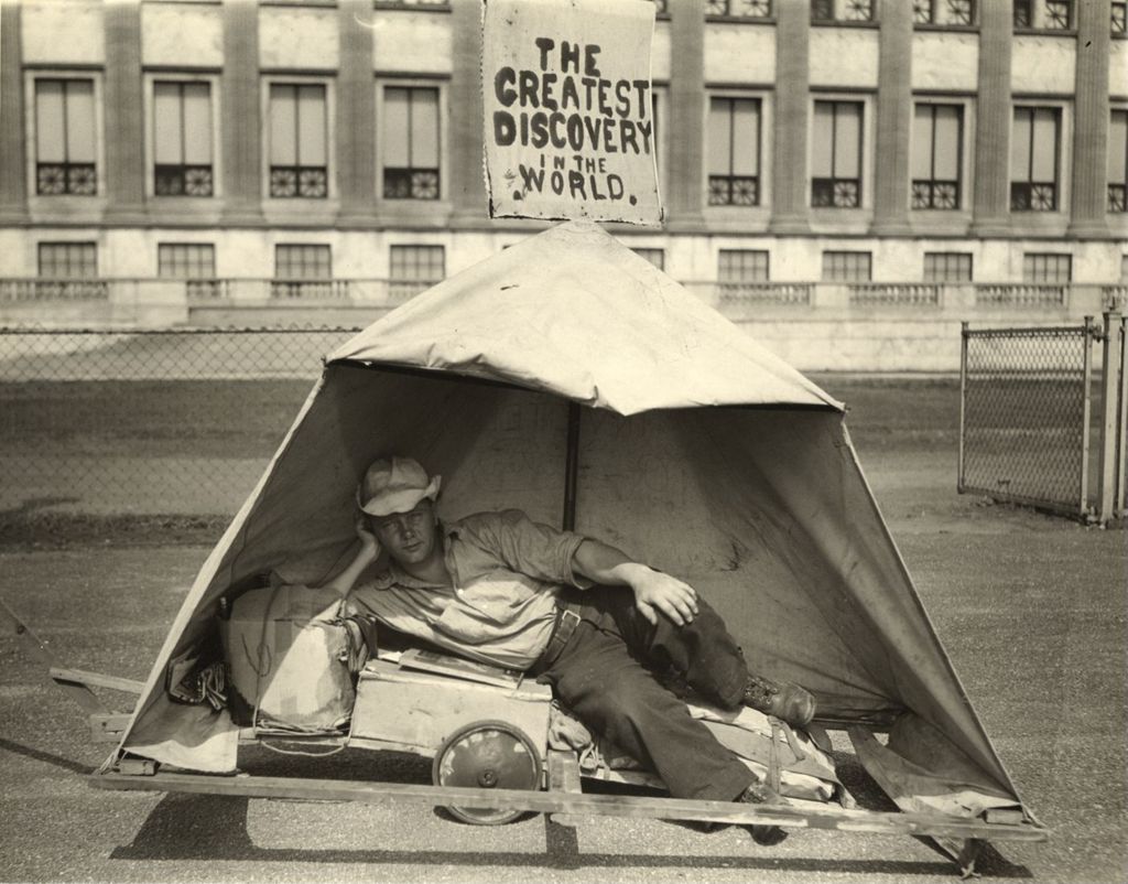 Miniature of Roy Lister and his invention, the one-pole tent