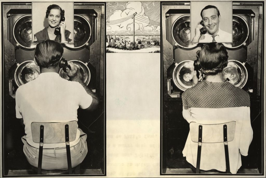 Miniature of Fair beauty queen and Phil Baker try the latest in two-way telephone-television