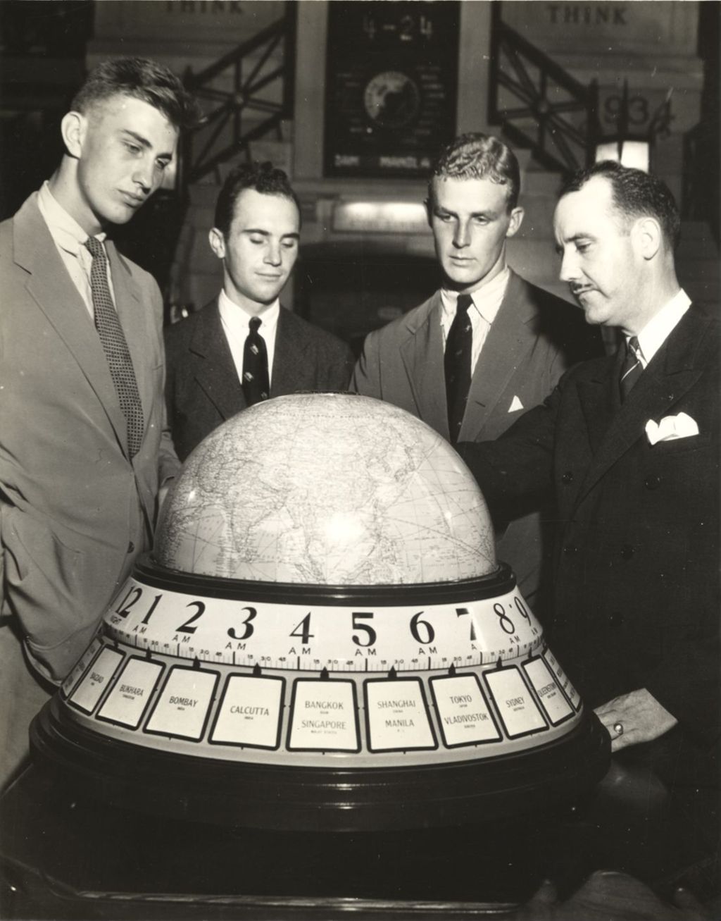 Franklin D. Roosevelt, Jr. visits the International World Clock at the New World's Fair