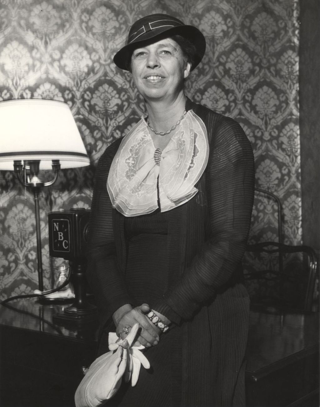 Miniature of First Lady Mrs. Eleanor Roosevelt, wife of U.S. President Franklin Delano Roosevelt, speaks to honored guests at the Century of Progress International Exposition in July of 1934.