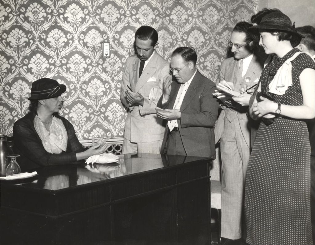 Miniature of First Lady Mrs. Eleanor Roosevelt, wife of U.S. President Franklin Delano Roosevelt, speaks to honored guests and the press at the Century of Progress International Exposition in July of 1934.