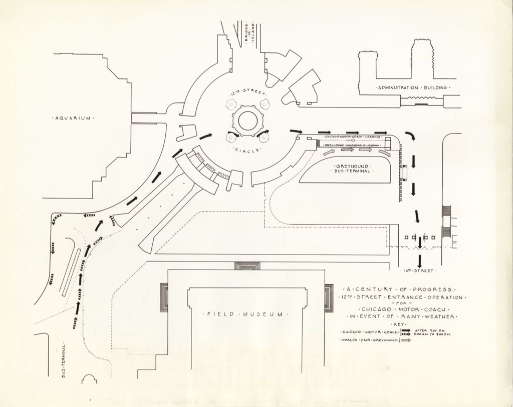 Miniature of The diagram shows the new Chicago Motor coach rainy-day route at the 12th street entrance to the World's Fair.