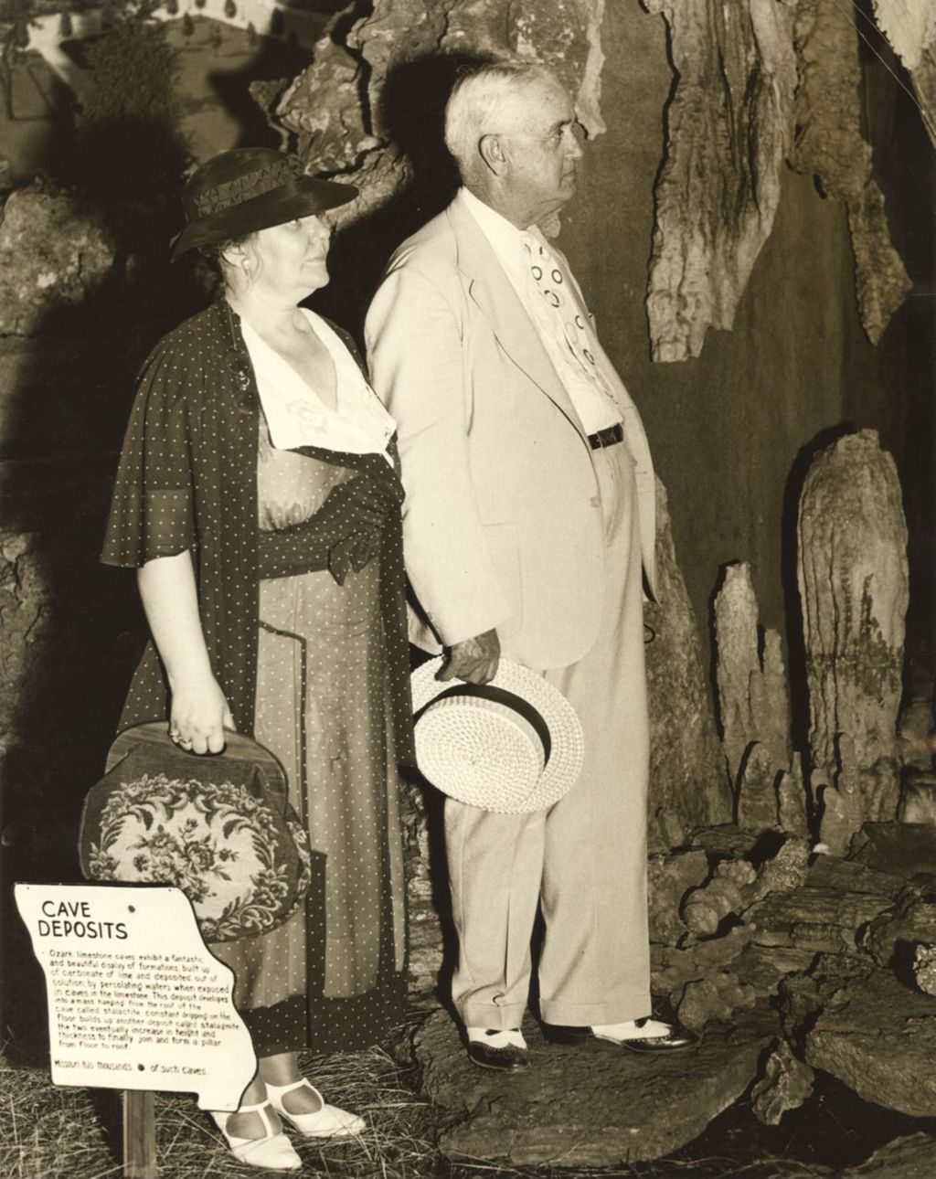 Miniature of Governor and Mrs. Guy B. Parks of Missouri view exhibit of cave deposits in the Court of States