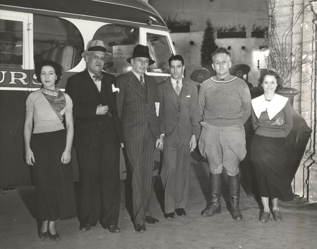 Miniature of Officials related to the Mexico's 'Good Will Tour' at the Century of Progress. From left to right: Miss Maria Elena Olhoa; Justo Benitez, an attorney; Eugenio Pasqueiro of the Mexican Consulate; Albert Wimer, in charge of the Century of Progress Mexican Village exhibit; Bearl Spratt; and Miss Mary Spratt.