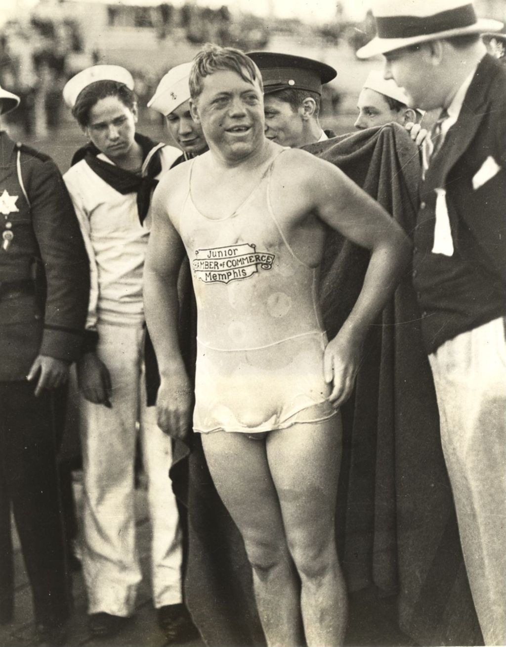 George Blagden, long distance swimmer, finishing second in 15 mile marathon at A Century of Progress in 1933