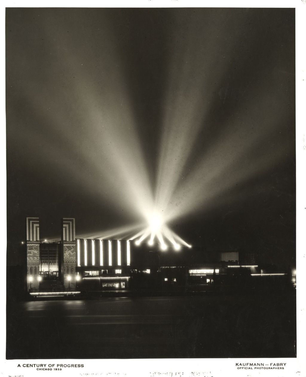 Miniature of The Century of Progress International Exposition, illuminated at night by searchlights.