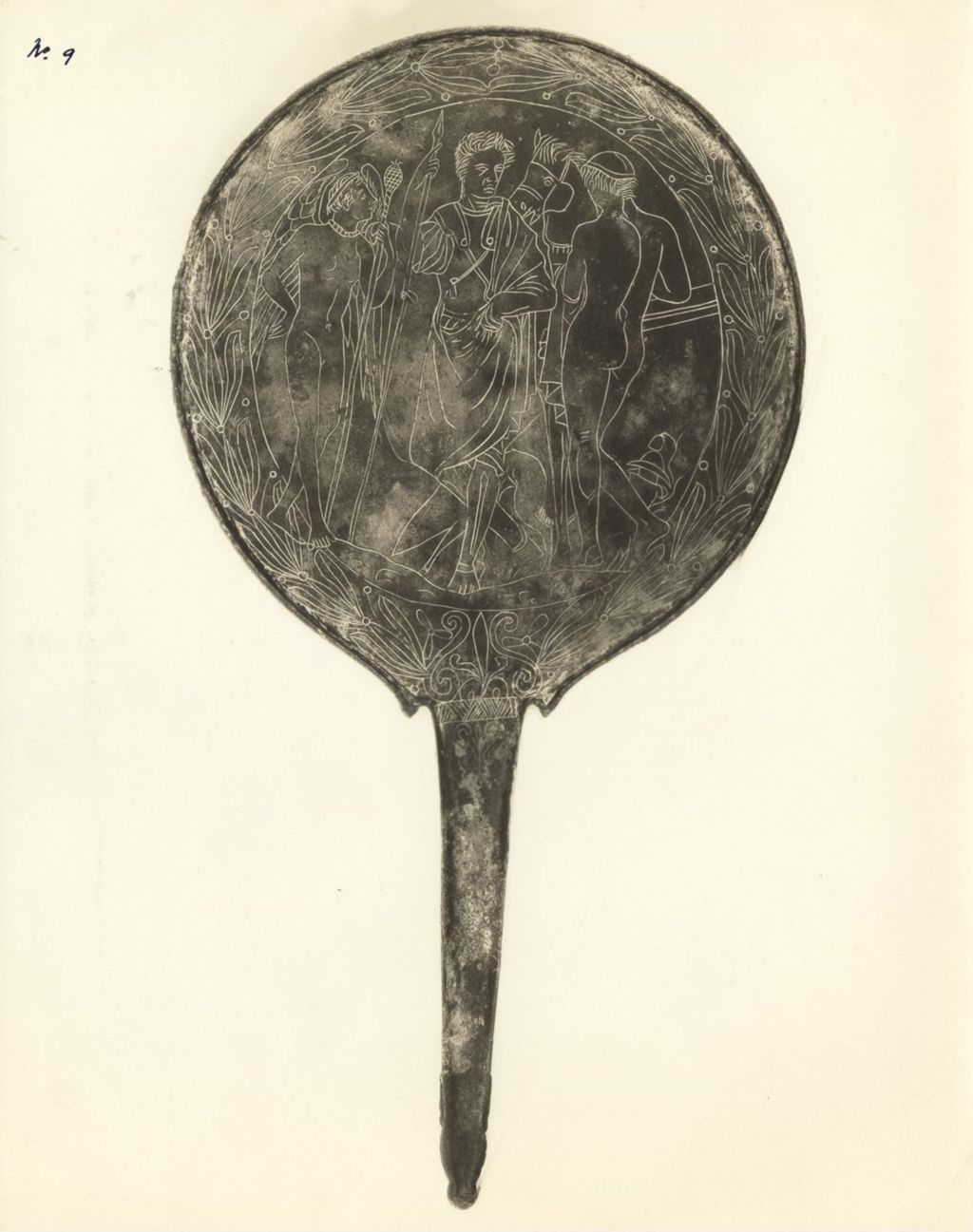 Miniature of Etruscan bronze mirror depicting Castor, one of the Heavenly twins