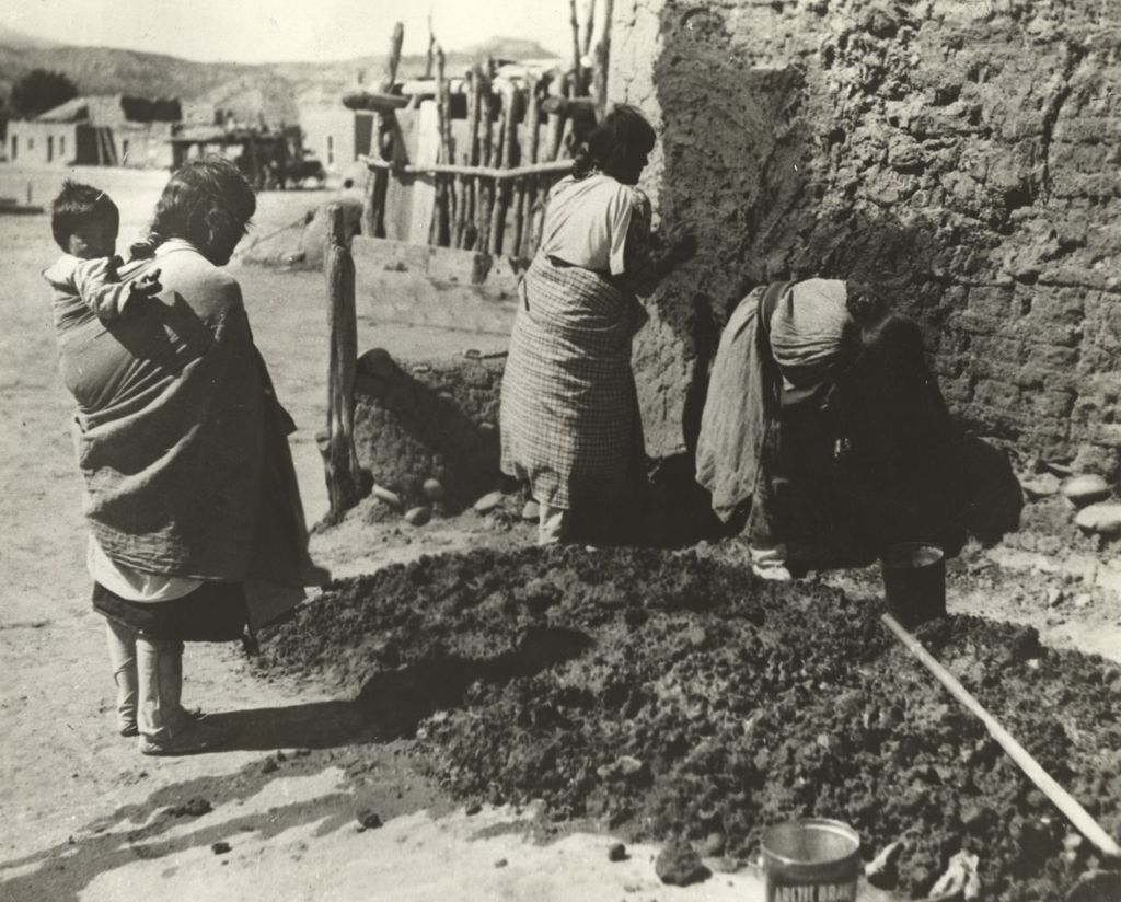 Miniature of Women constructing an adobe wall at the Century of Progress Mexican Village