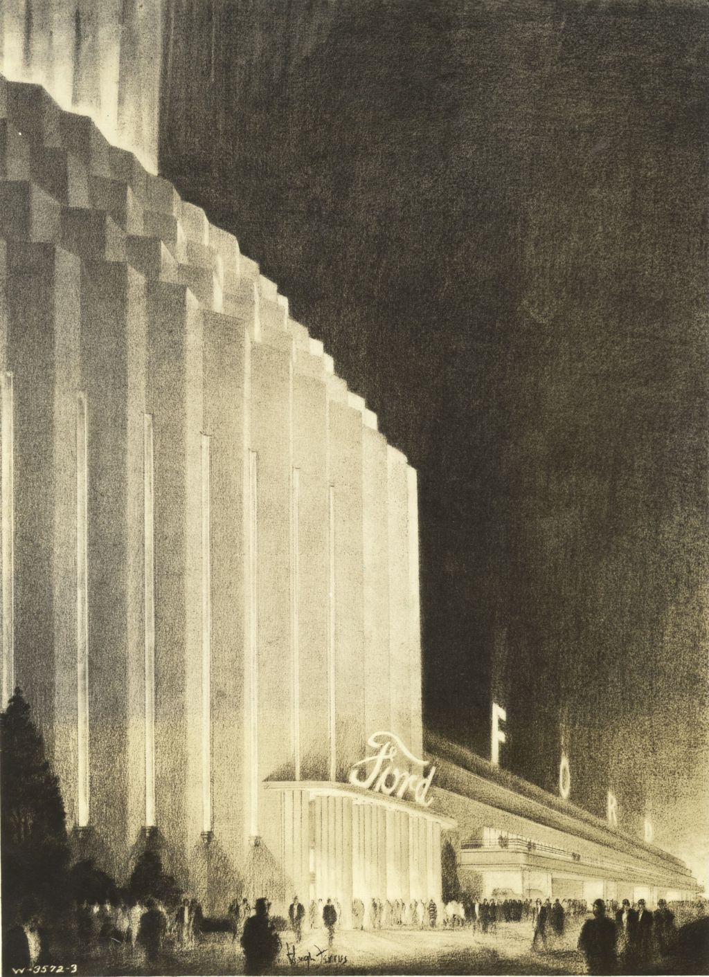 Conception by Hugh Ferriss of how the Ford Exhibition building will look at night