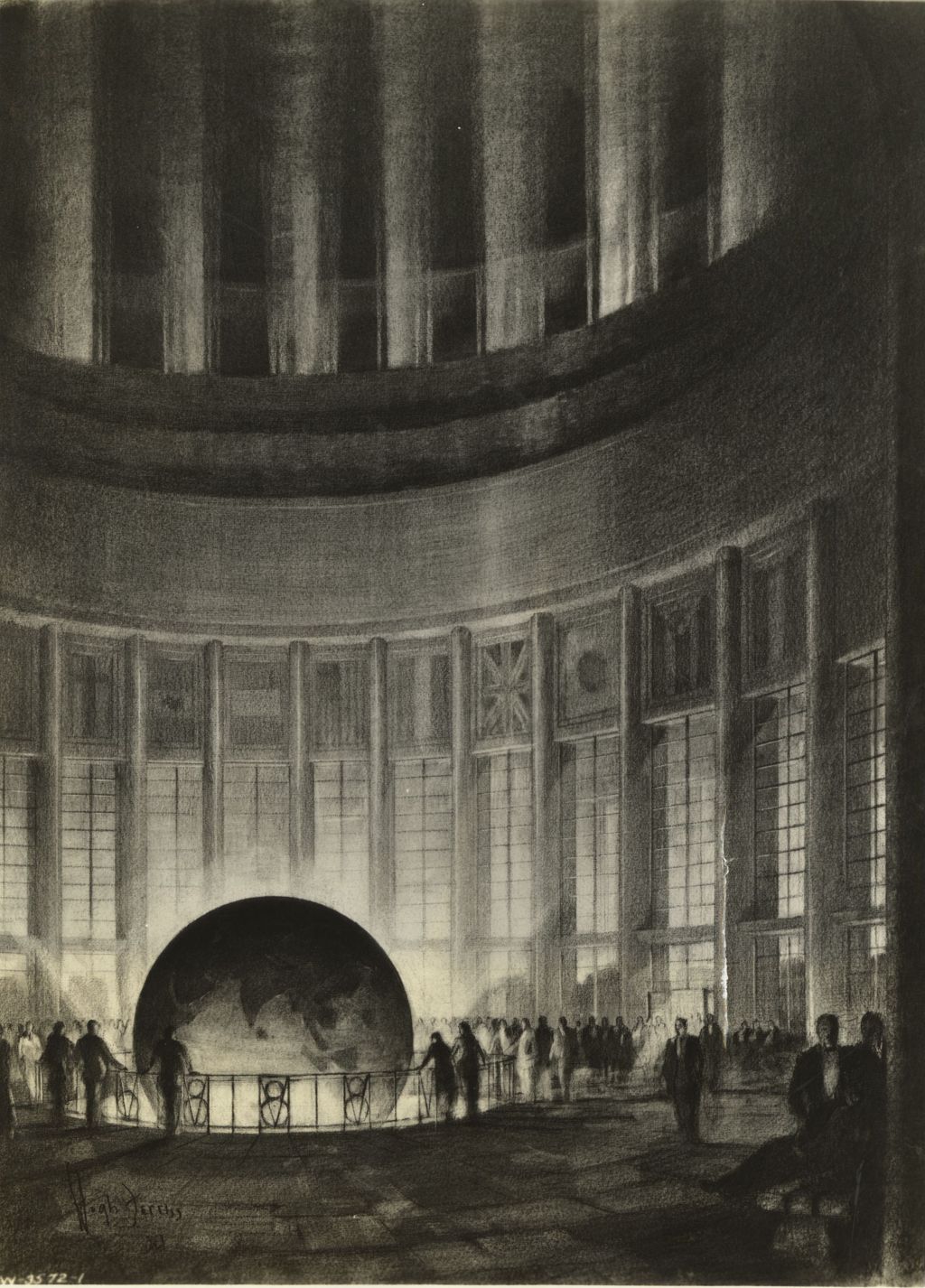 Drawing of electrically driven globe in 'Ford World' exhibit in New World's Fair