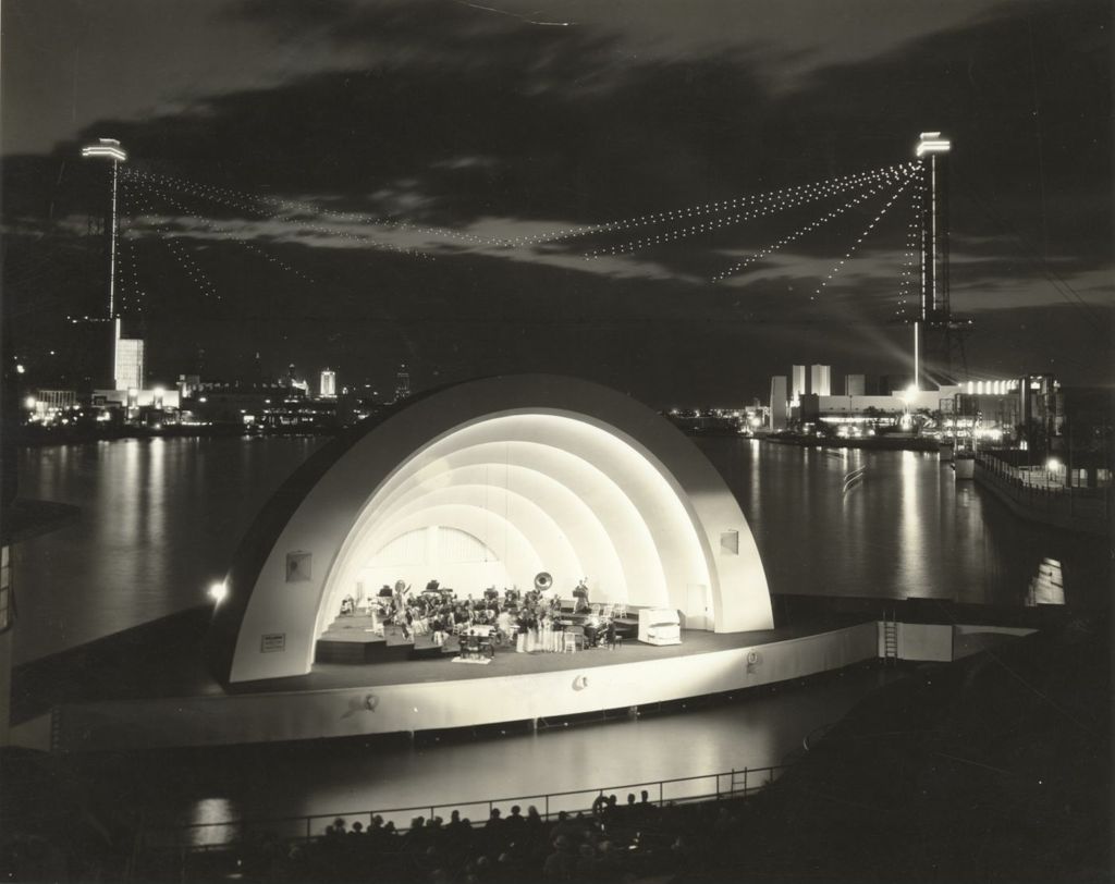 Miniature of Orchestra performing in the Century of Progress bandshell near Lake Michigan.
