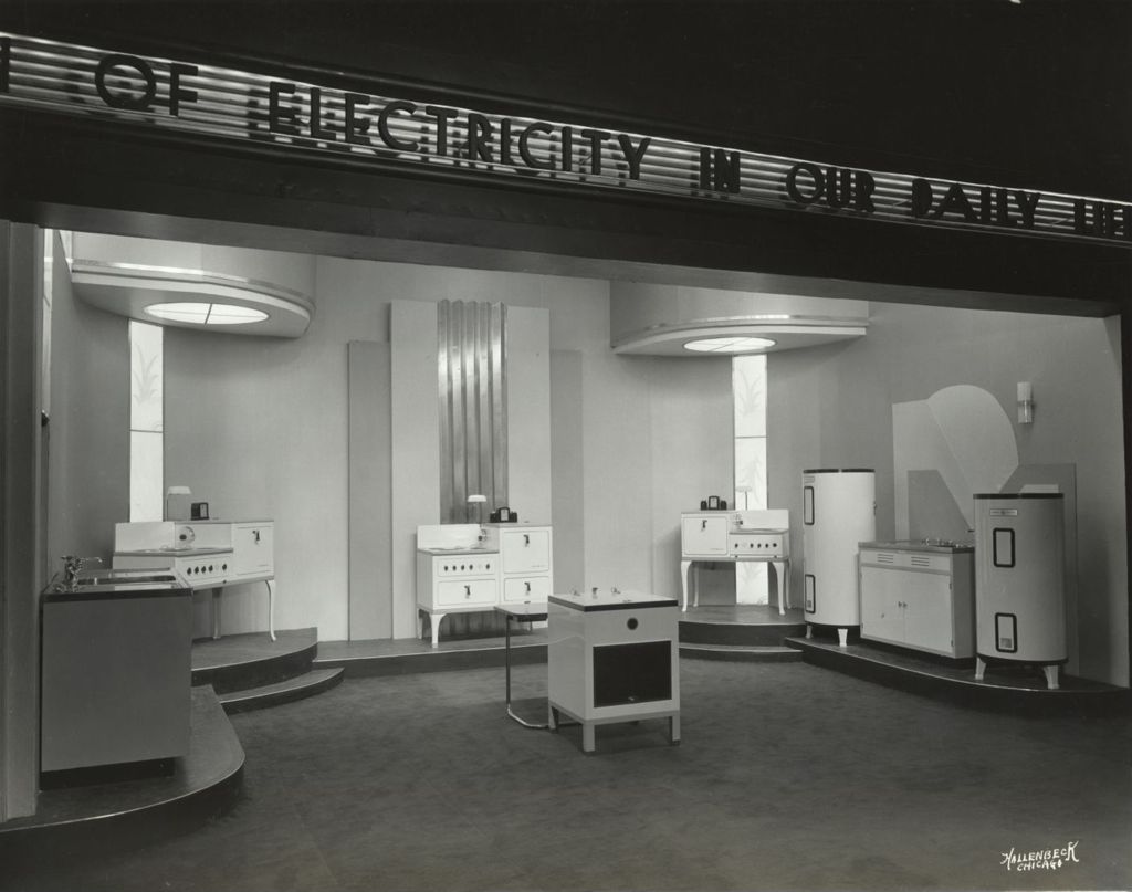 Miniature of General Electric exhibit showing the newest models of electric ranges, dishwashers, and water heaters