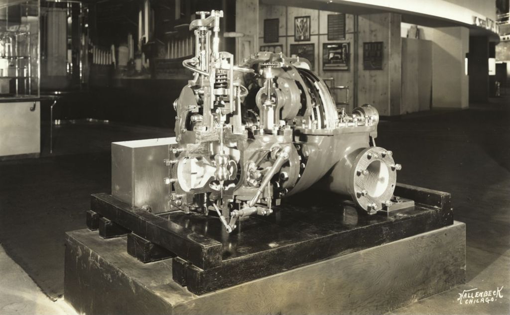 Miniature of Full-size 50 horsepower, two-stage turbine and governor, cut away to expose the working parts
