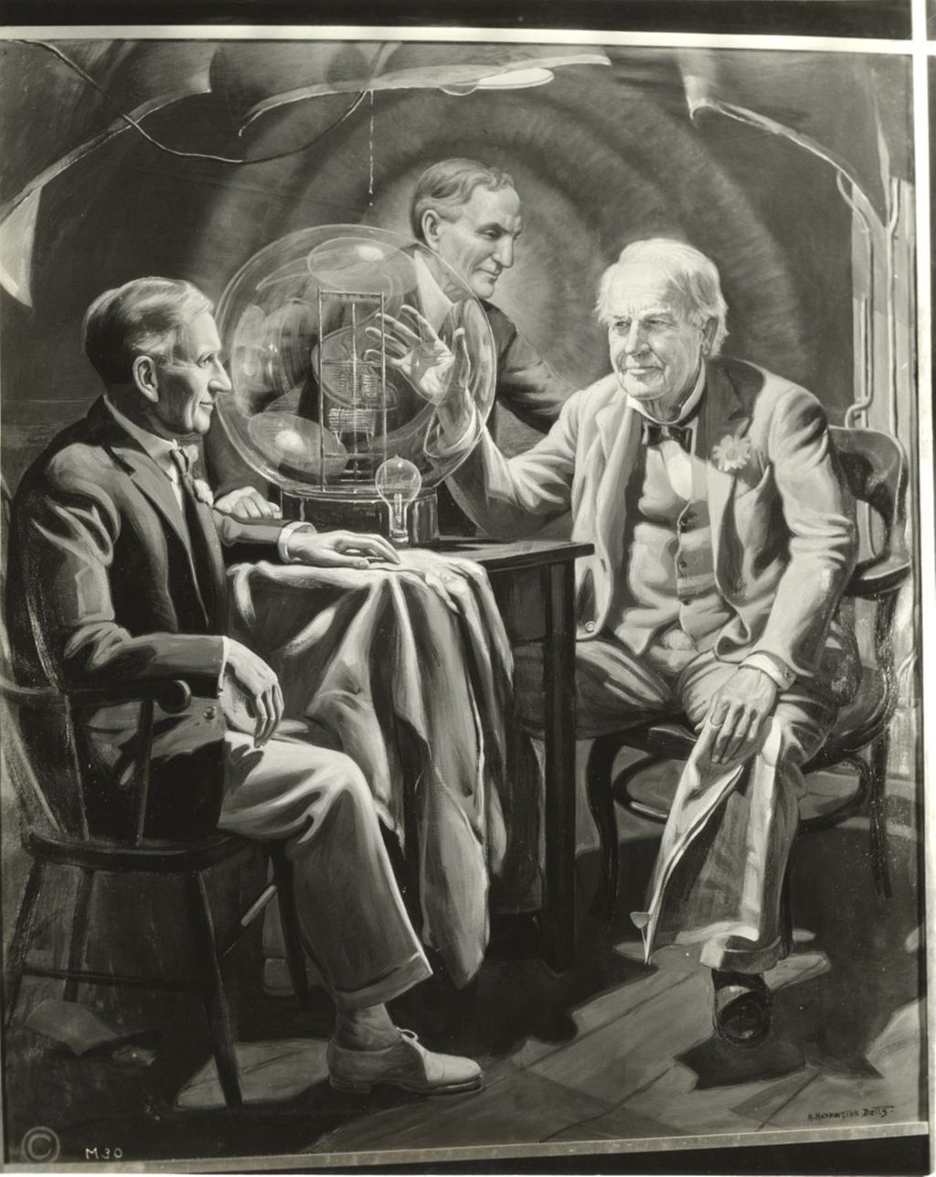 Portrait of Edison, Ford, and Firestone done by H. Harrington Betts on display in Electric Light and Power Industry's exhibit