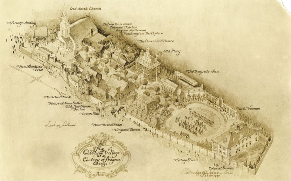 Artist conception of a American Colonial Village for the Fair