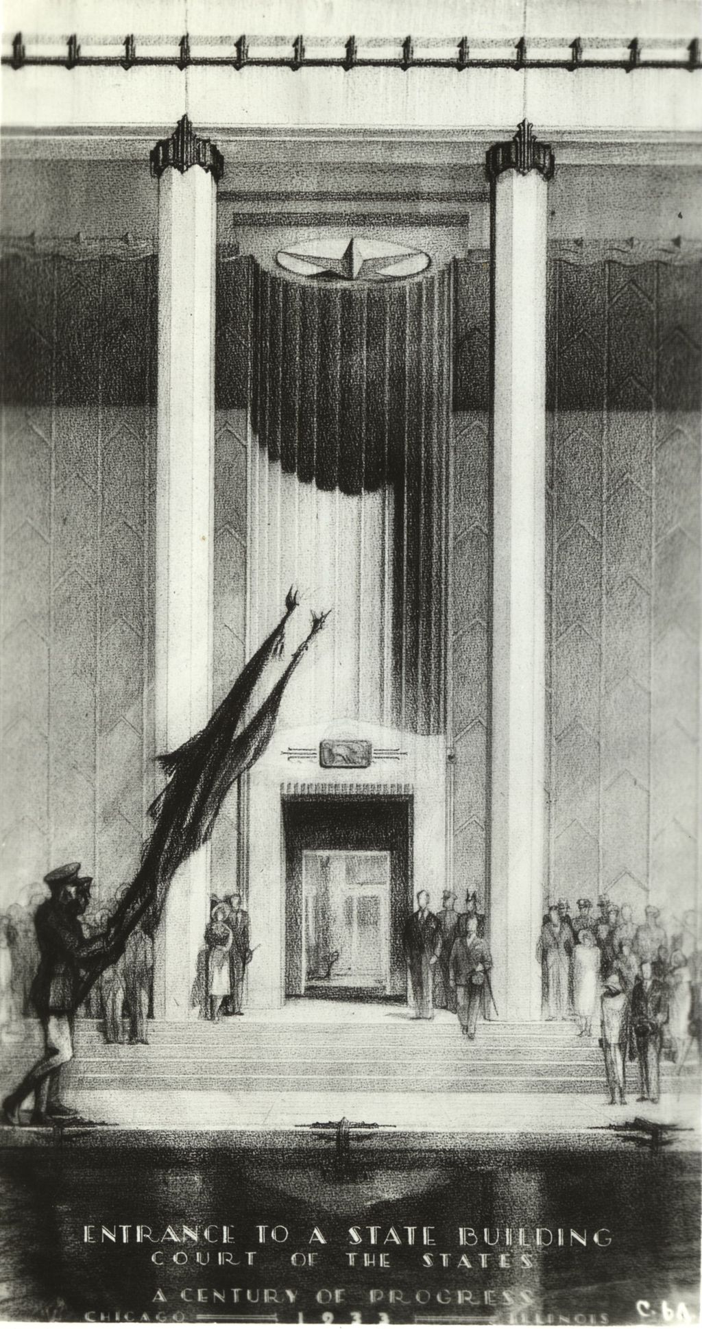 Architect's study of façade of portal in proposed Hall of States at Chicago's 1933 Century of Progress Exposition