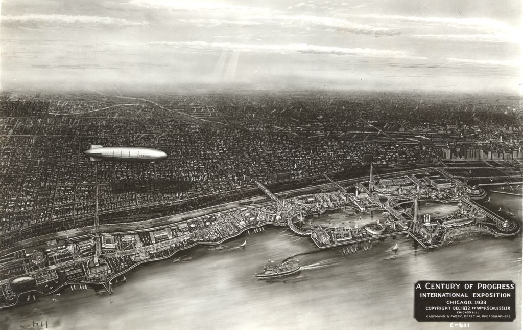 Artist's rendition showing the Century of Progress Exposition from the 12th Place to 39th Street.